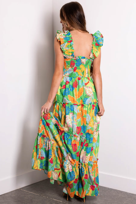 Kelly Green Tropical Print Maxi Dress