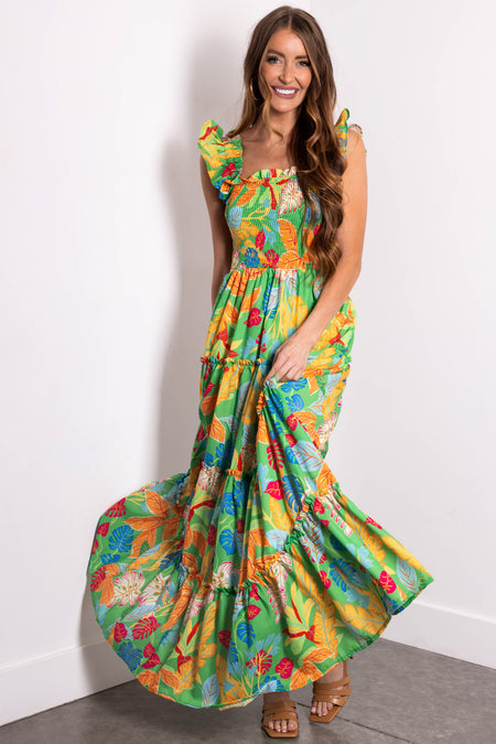 Kelly Green Tropical Print Maxi Dress