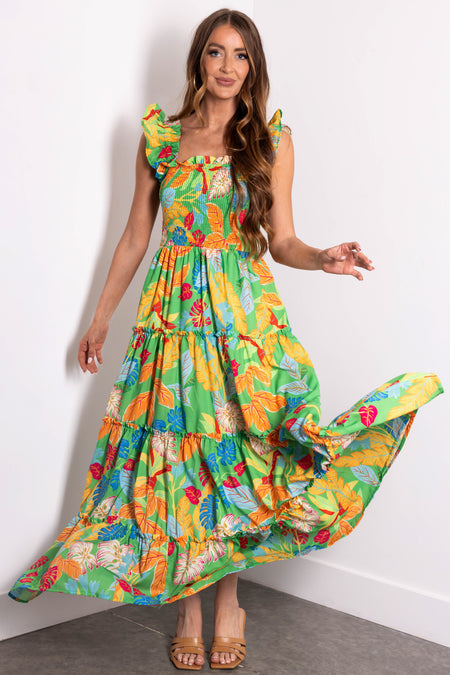 Kelly Green Tropical Print Maxi Dress