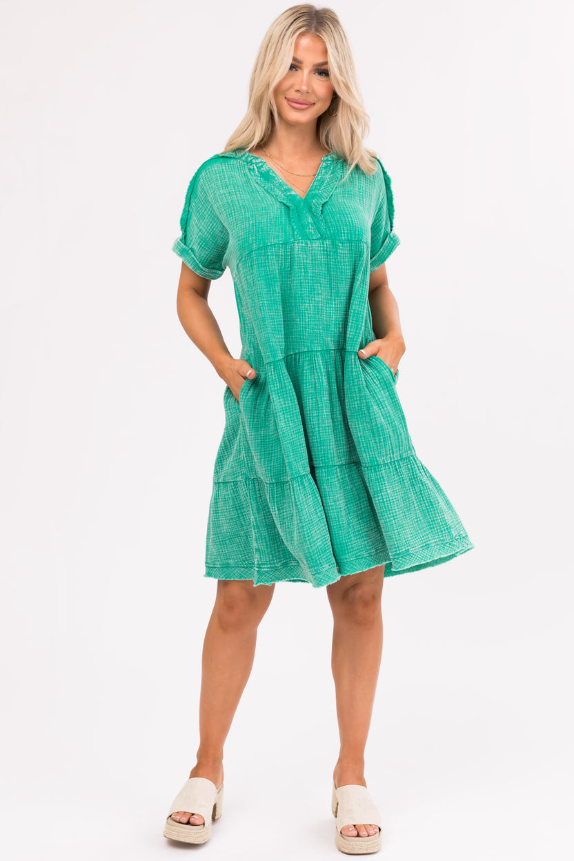 Kelly Green Washed Tiered V Neck Mini Dress