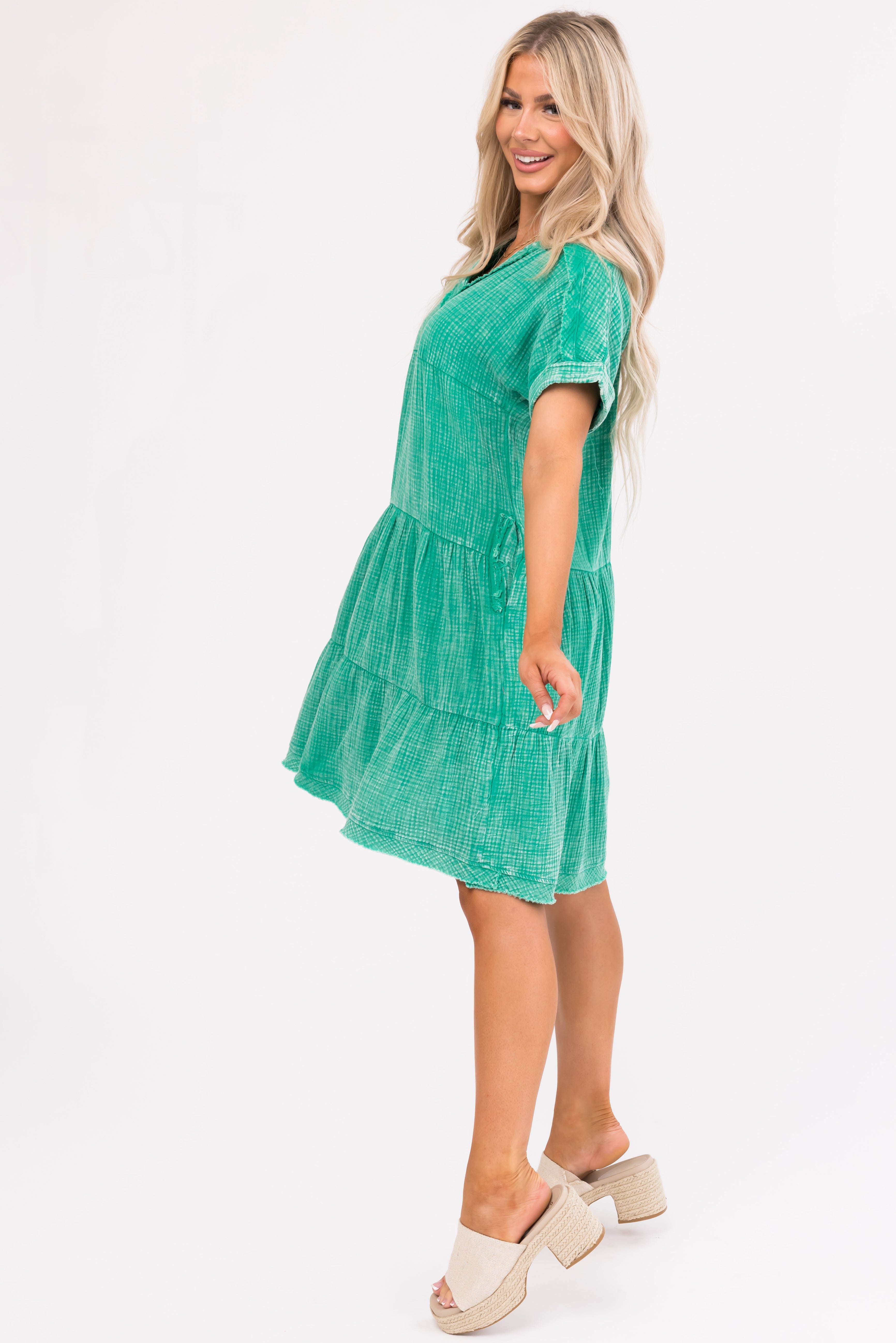 Kelly Green Washed Tiered V Neck Mini Dress