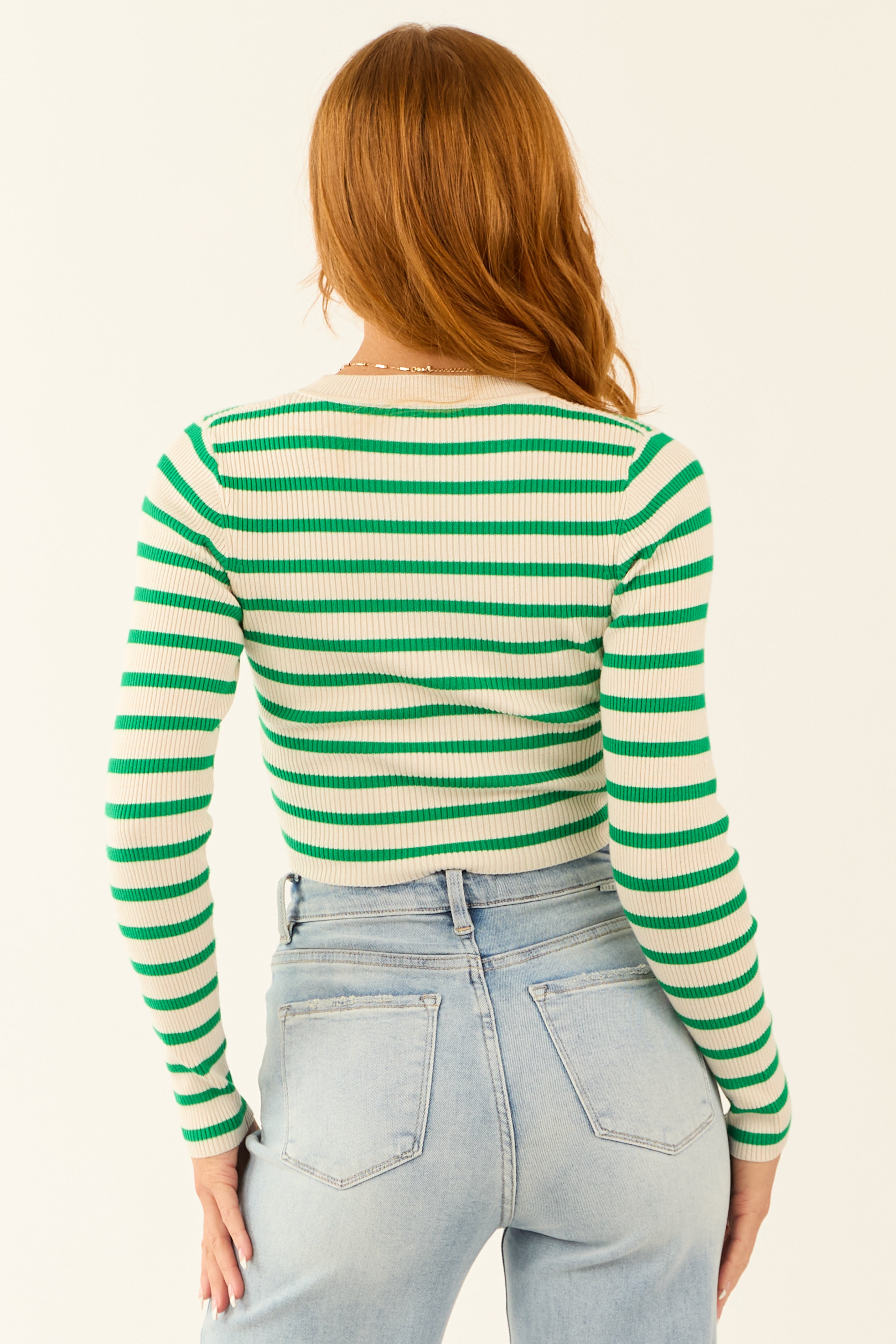 Kelly Green and Cream Striped Ribbed Crop Top