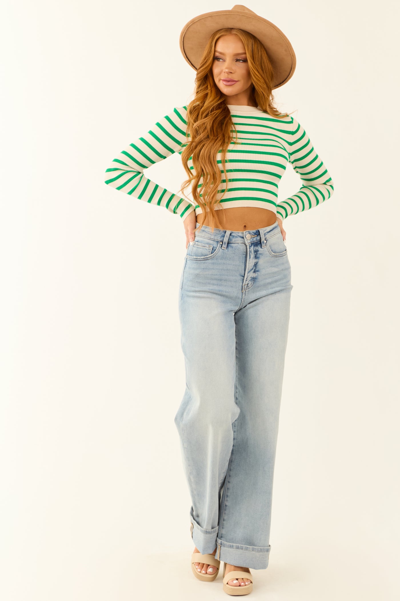 Kelly Green and Cream Striped Ribbed Crop Top