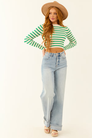 Kelly Green and Cream Striped Ribbed Crop Top