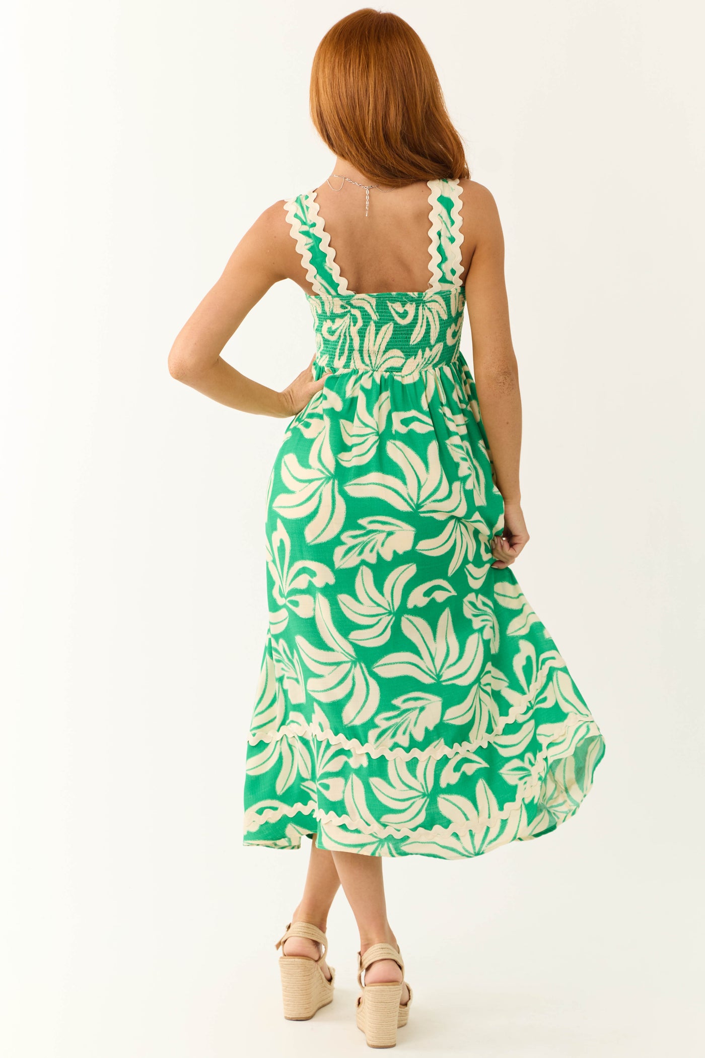 Kelly Green and Cream Tropical Leaf Print Midi Dress