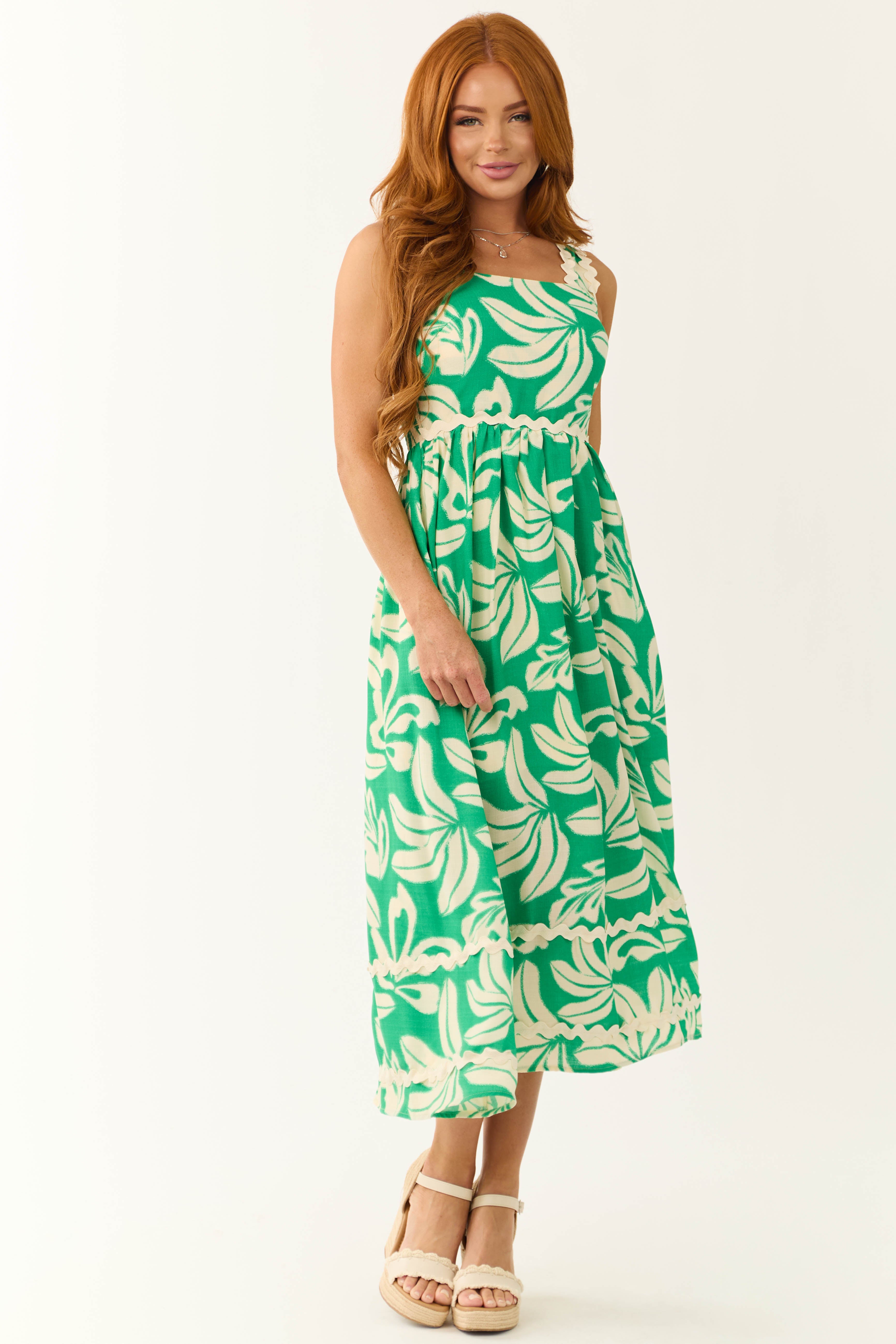 Kelly Green and Cream Tropical Leaf Print Midi Dress | Lime Lush Boutique