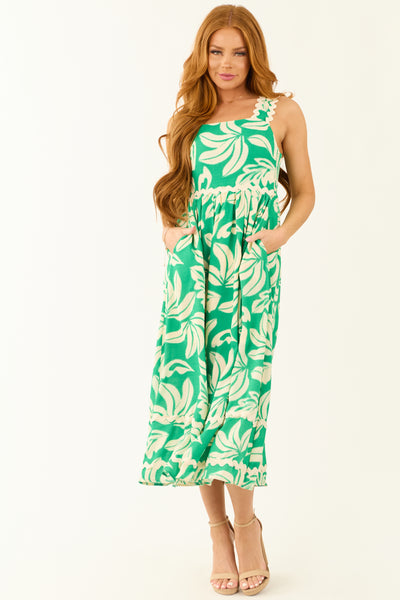 Kelly Green and Cream Tropical Leaf Print Midi Dress