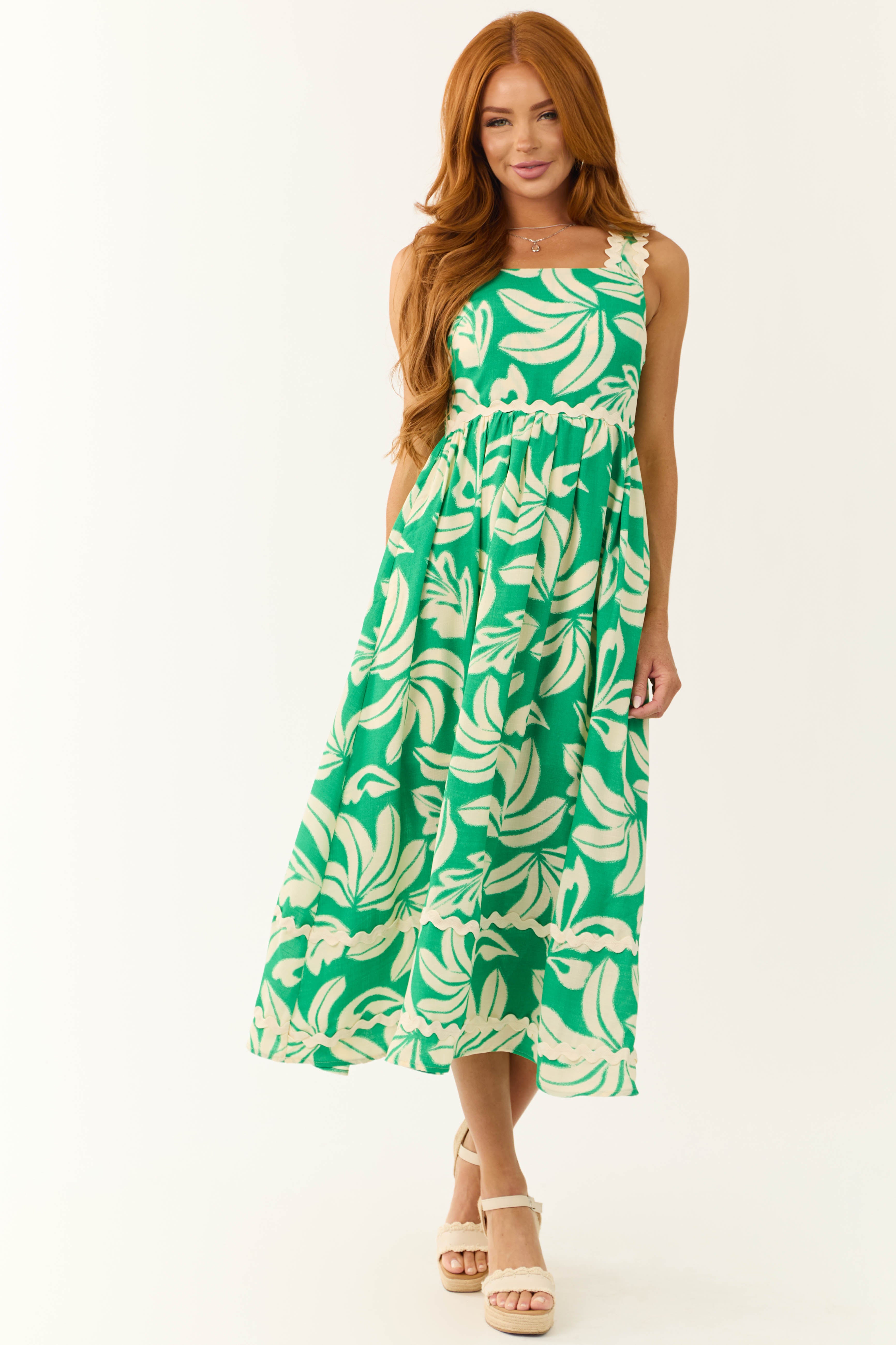 Kelly Green and Cream Tropical Leaf Print Midi Dress | Lime Lush Boutique