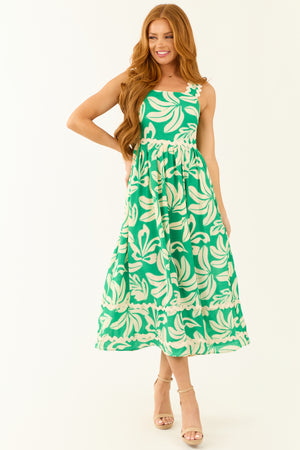 Kelly Green and Cream Tropical Leaf Print Midi Dress