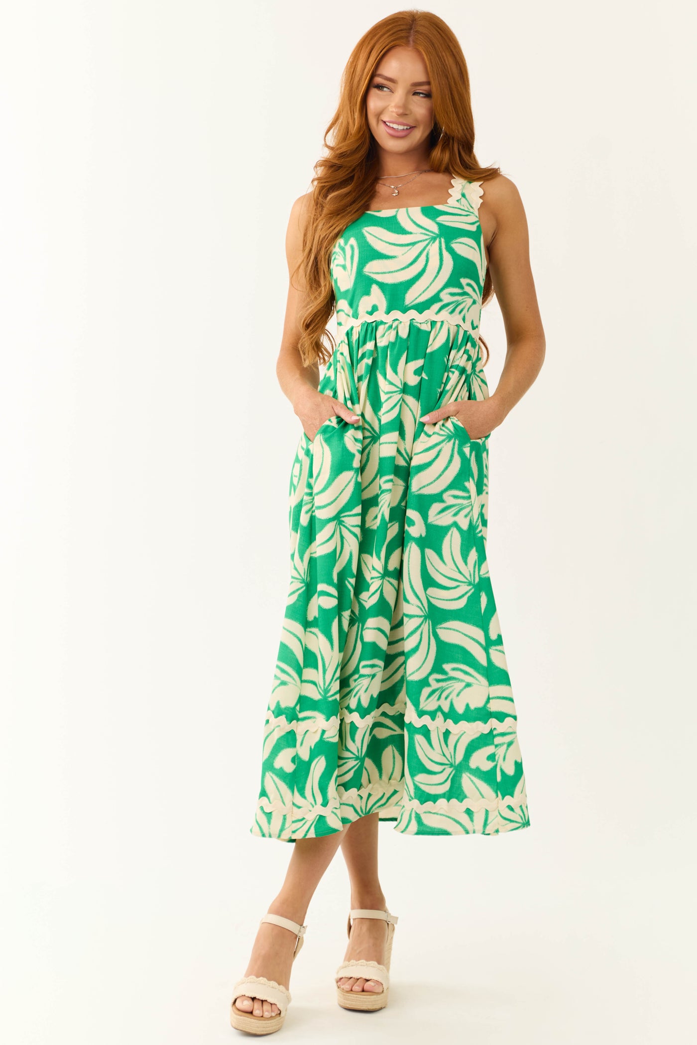 Kelly Green and Cream Tropical Leaf Print Midi Dress