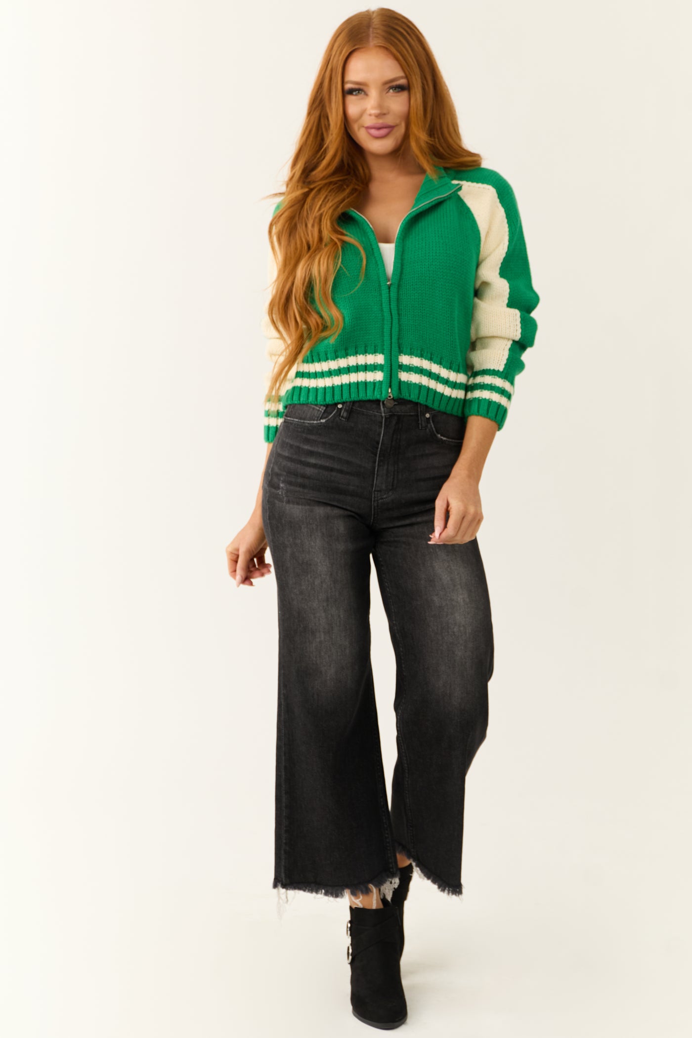 Kelly Green and Cream Zip Up Baseball Sweater Jacket