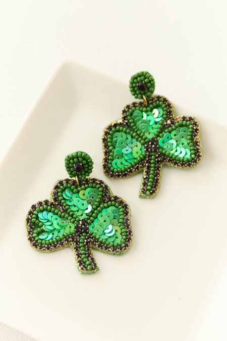 Kelly Green Sequin Clover Drop Earrings