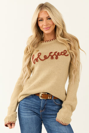 Khaki 'Blessed' Stitching Long Sleeve Sweater