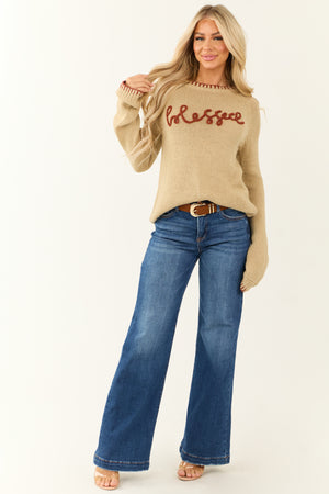 Khaki 'Blessed' Stitching Long Sleeve Sweater