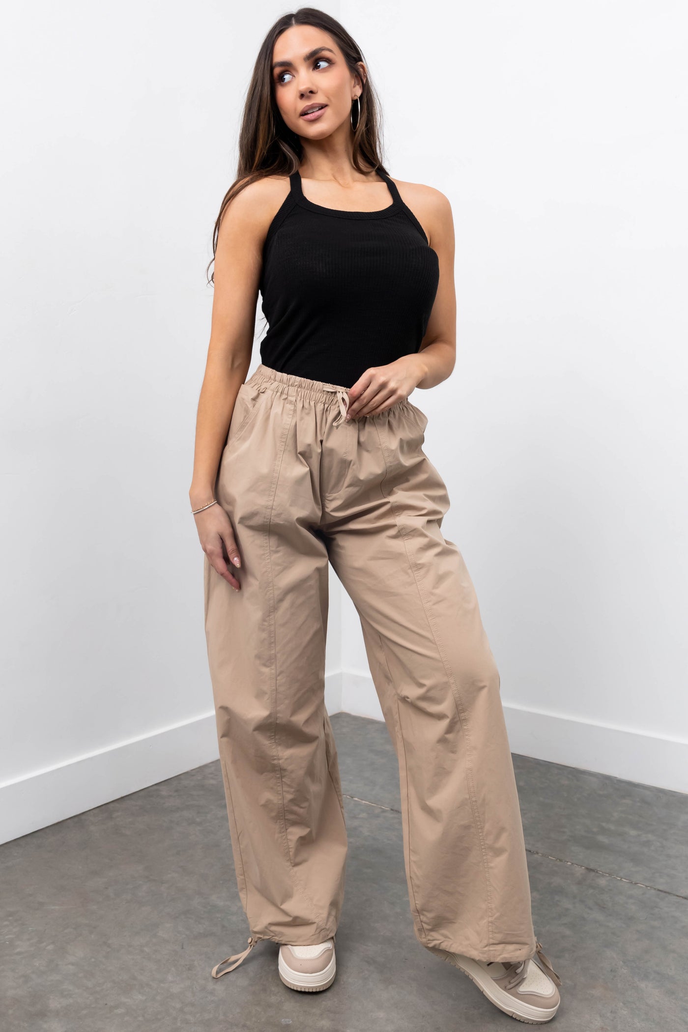 Khaki Drawstring Hem Windbreaker Pants