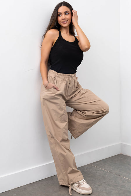 Khaki Drawstring Hem Windbreaker Pants