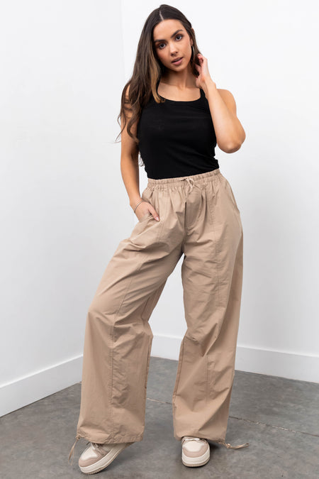 Khaki Drawstring Hem Windbreaker Pants