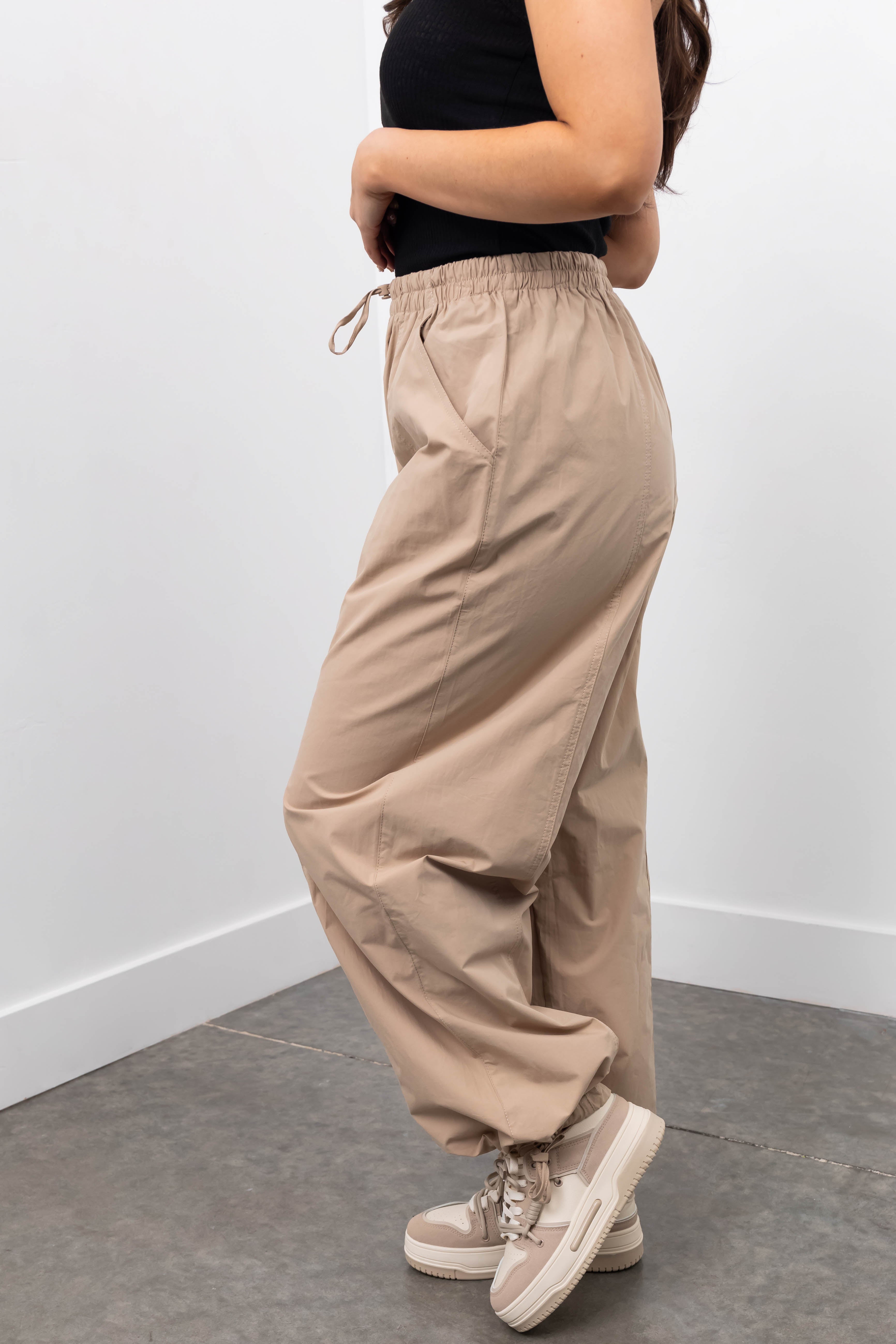 Glam Khaki Drawstring Hem Windbreaker Pants Size L