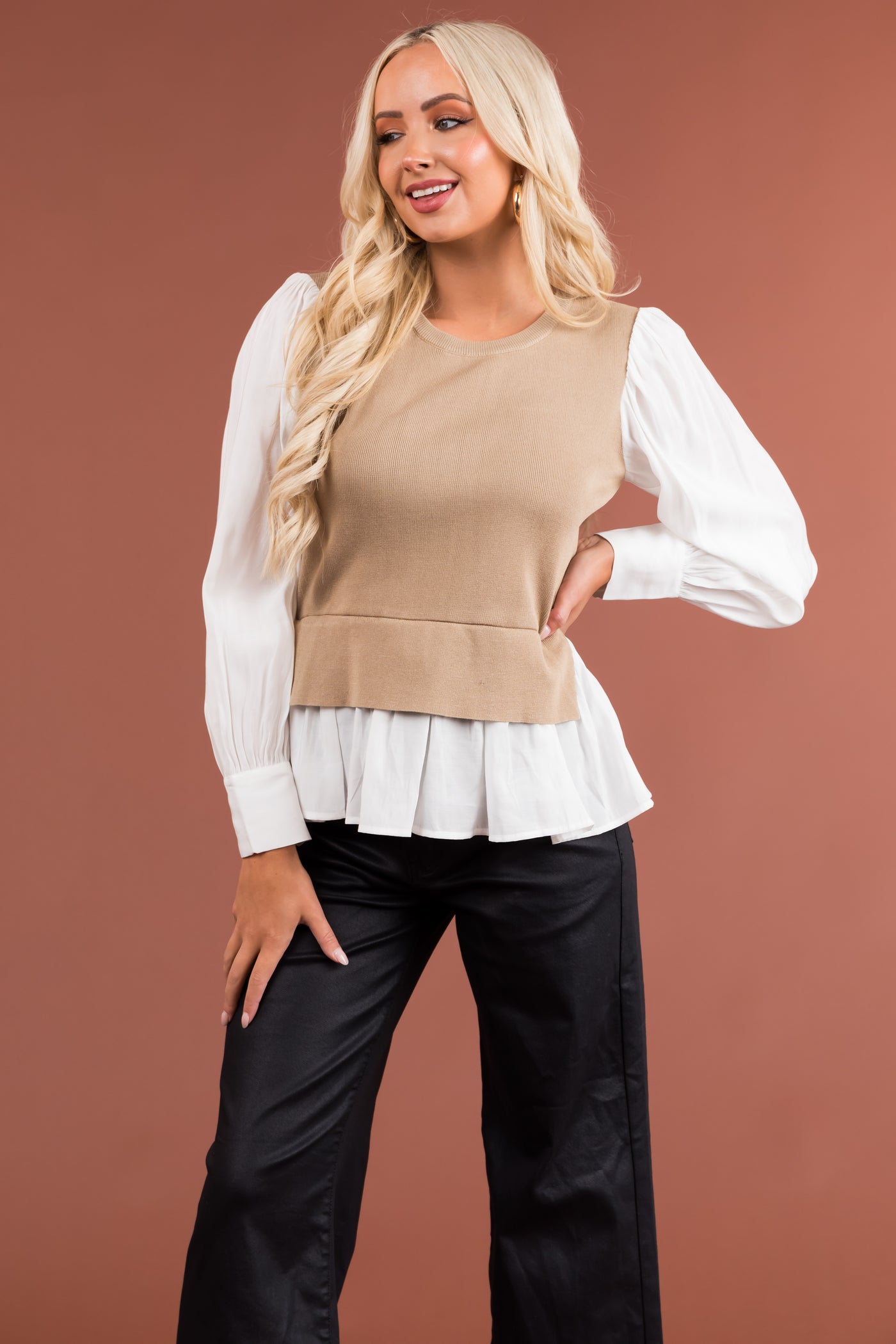 Khaki Layered Sweater Vest Blouse