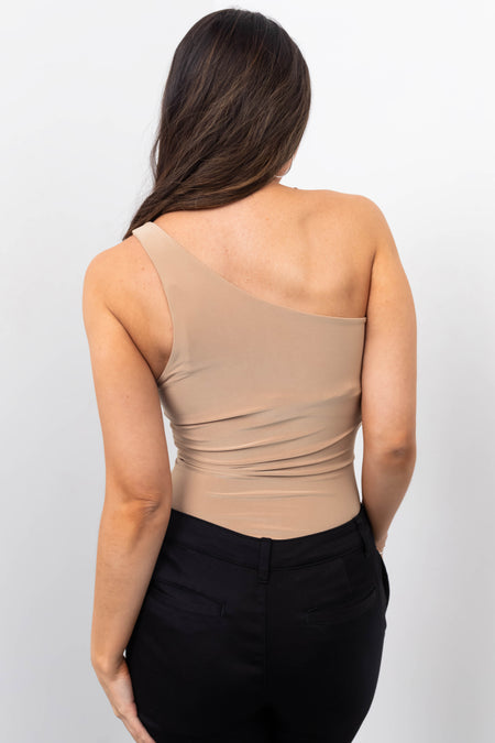 Khaki One Shoulder Stretchy Knit Bodysuit