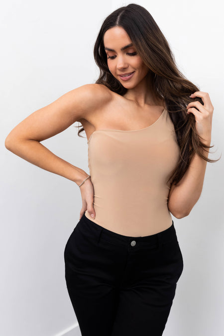 Khaki One Shoulder Stretchy Knit Bodysuit