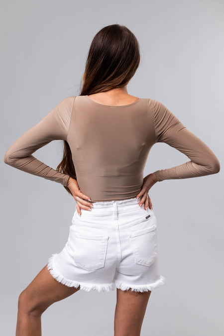 Khaki Square Neck Long Sleeve Solid Bodysuit