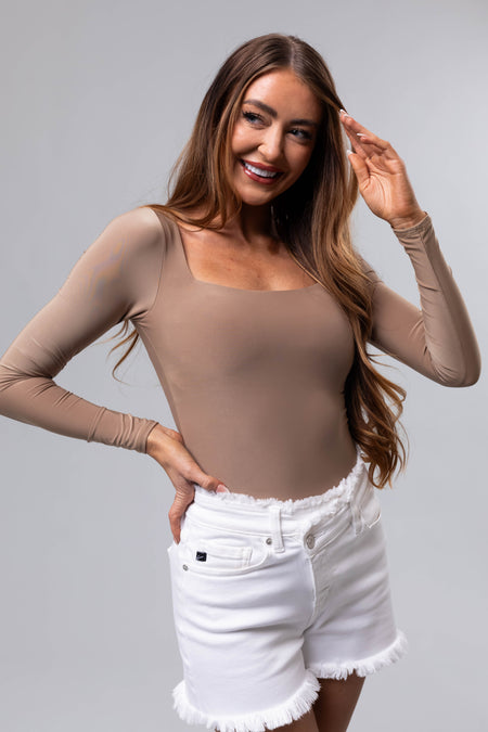 Khaki Square Neck Long Sleeve Solid Bodysuit