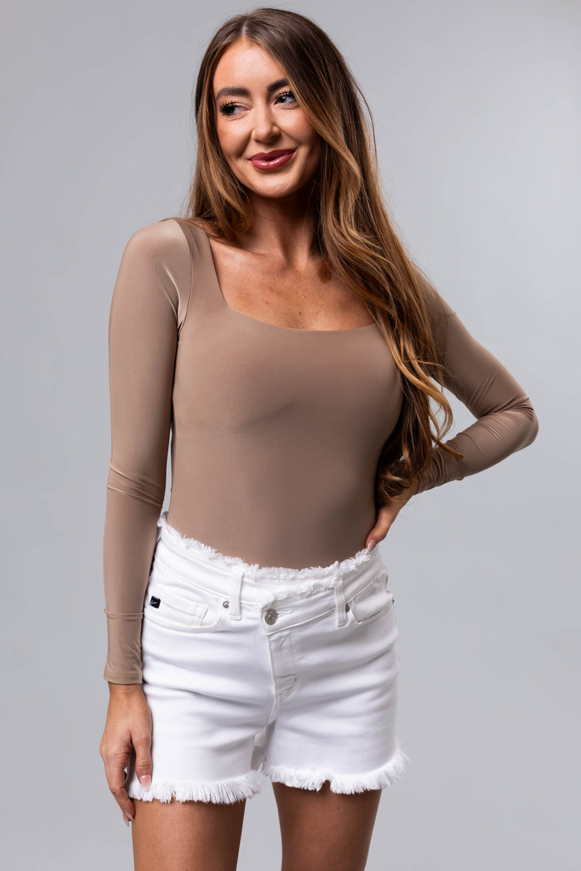 Khaki Square Neck Long Sleeve Solid Bodysuit