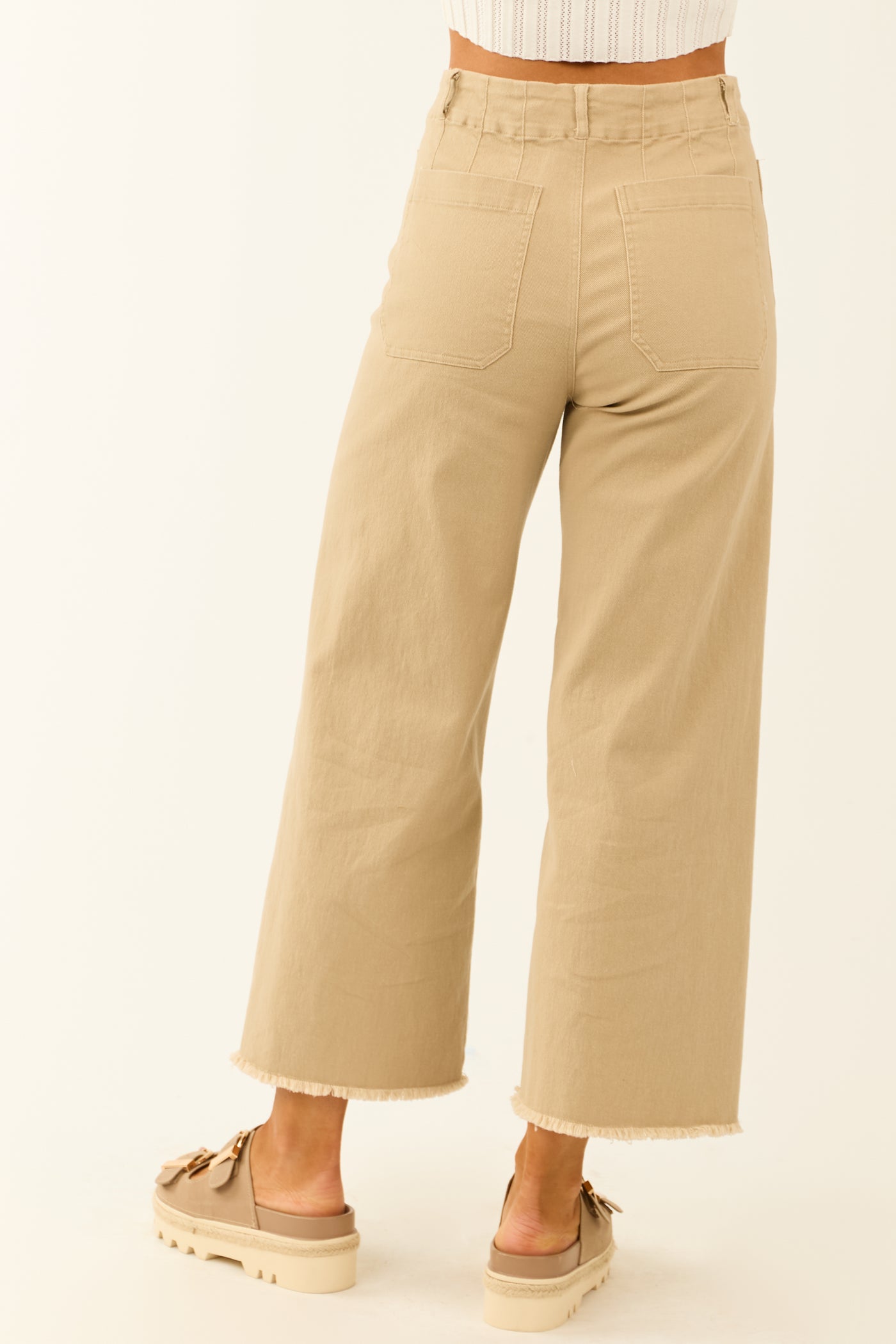 Khaki Stretchy Denim Straight Patch Pocket Pants