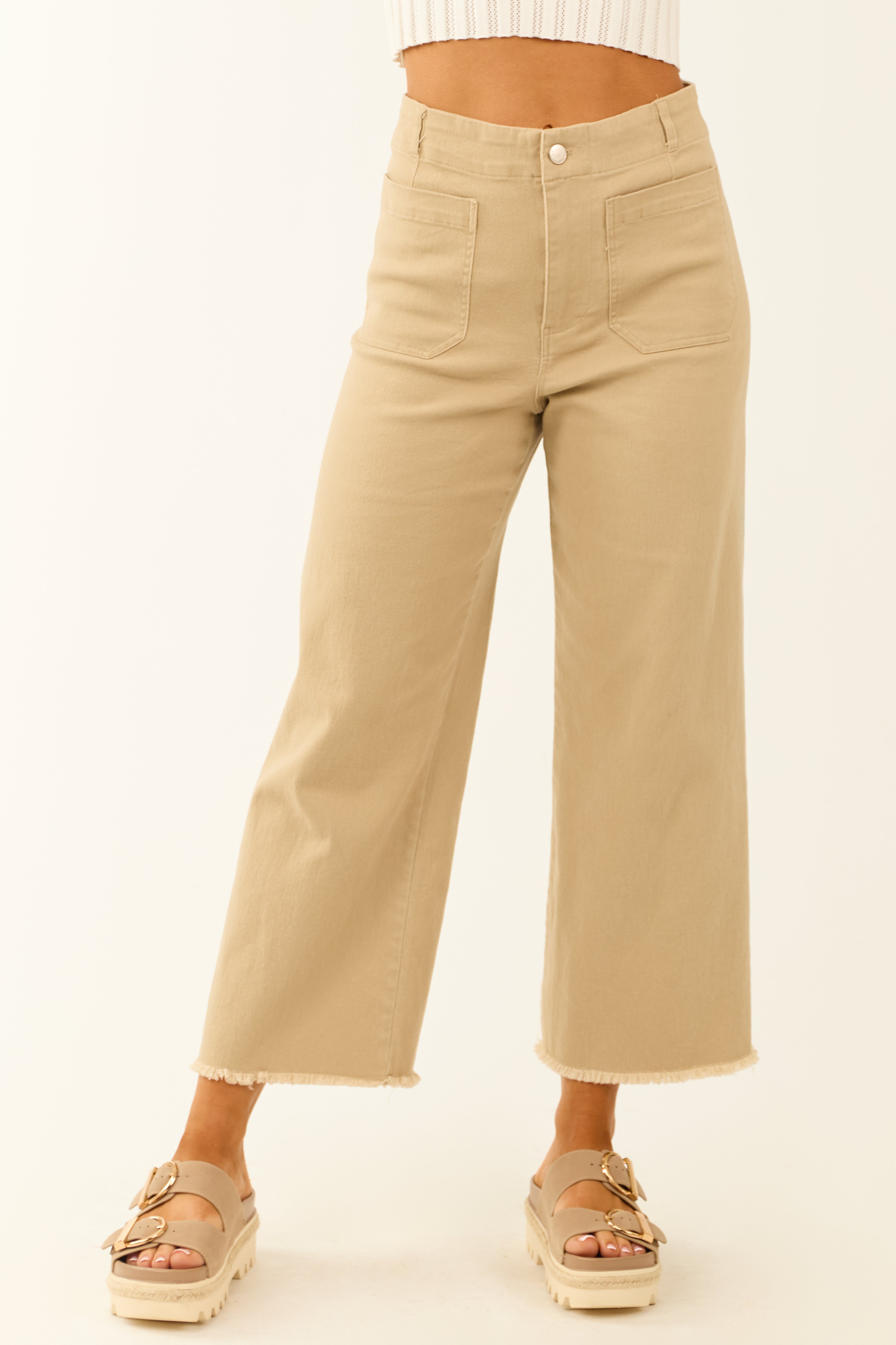 Khaki Stretchy Denim Straight Patch Pocket Pants