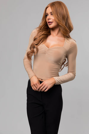 Khaki Sweetheart Neck Long Sleeve Crop Top