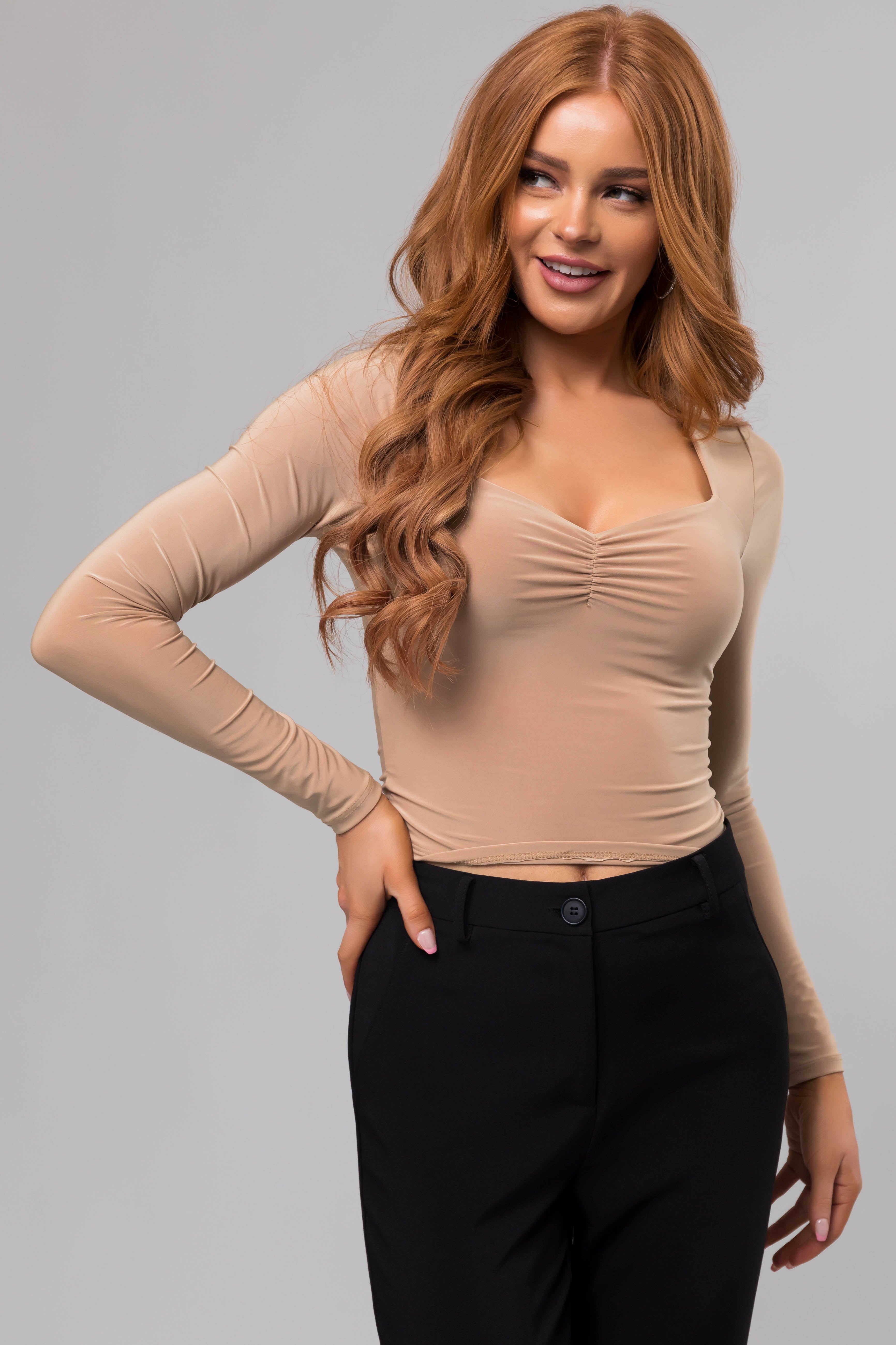 Khaki Sweetheart Neck Long Sleeve Crop Top