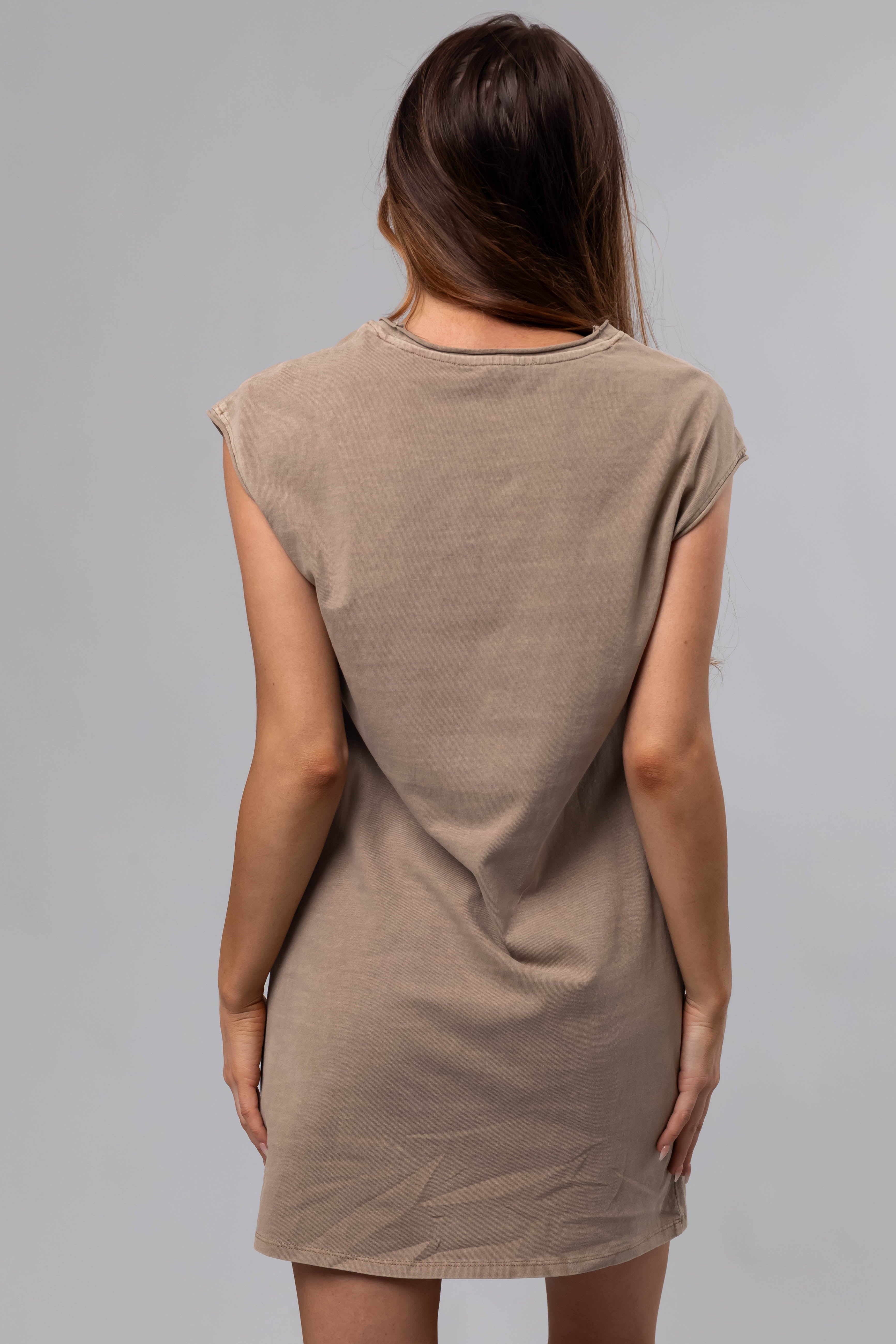 Khaki Washed Cap Sleeve Cotton Shift Dress