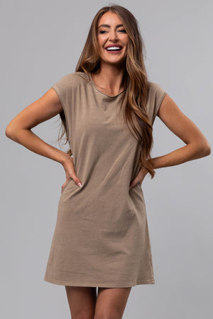 Khaki Washed Cap Sleeve Cotton Shift Dress