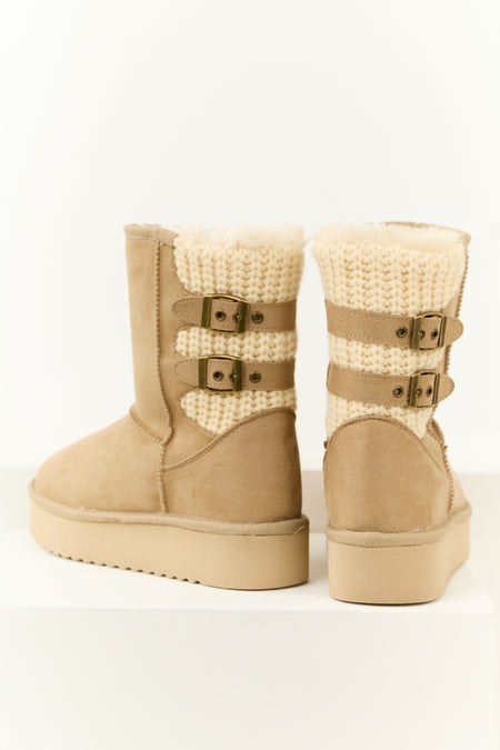 Khaki Faux Fur Lined Boot with Double Buckle