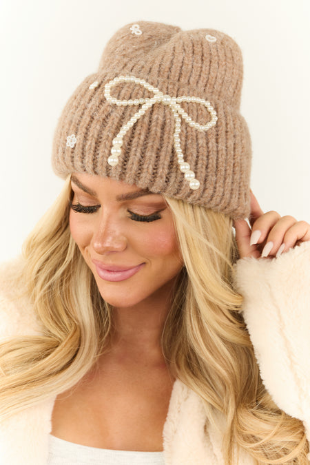 Khaki Ribbed Beanie with Pearl Bow Details