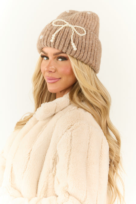 Khaki Ribbed Beanie with Pearl Bow Details