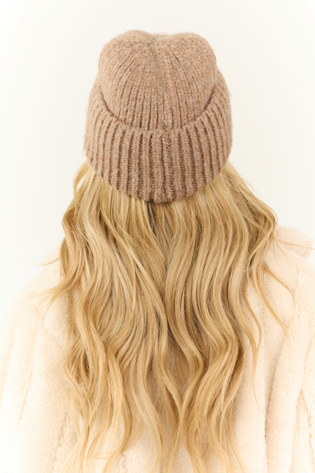 Khaki Ribbed Beanie with Pearl Bow Details