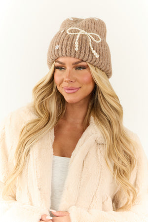 Khaki Ribbed Beanie with Pearl Bow Details