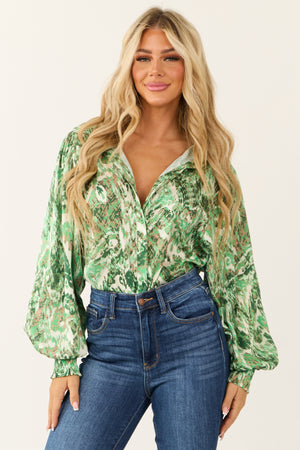 Kiwi Abstract Print Button Up Long Sleeve Satin Top