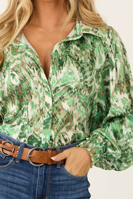 Kiwi Abstract Print Button Up Long Sleeve Satin Top