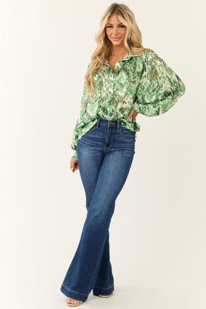 Kiwi Abstract Print Button Up Long Sleeve Satin Top