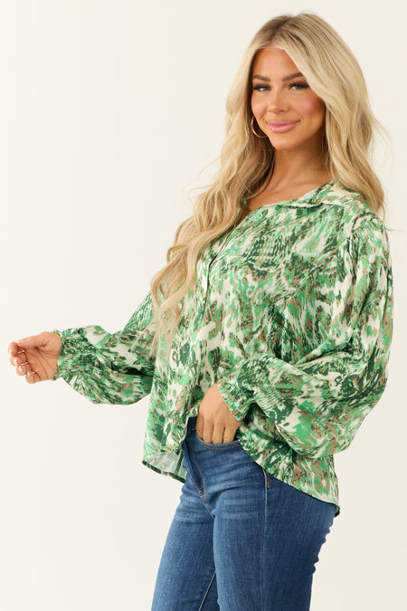 Kiwi Abstract Print Button Up Long Sleeve Satin Top