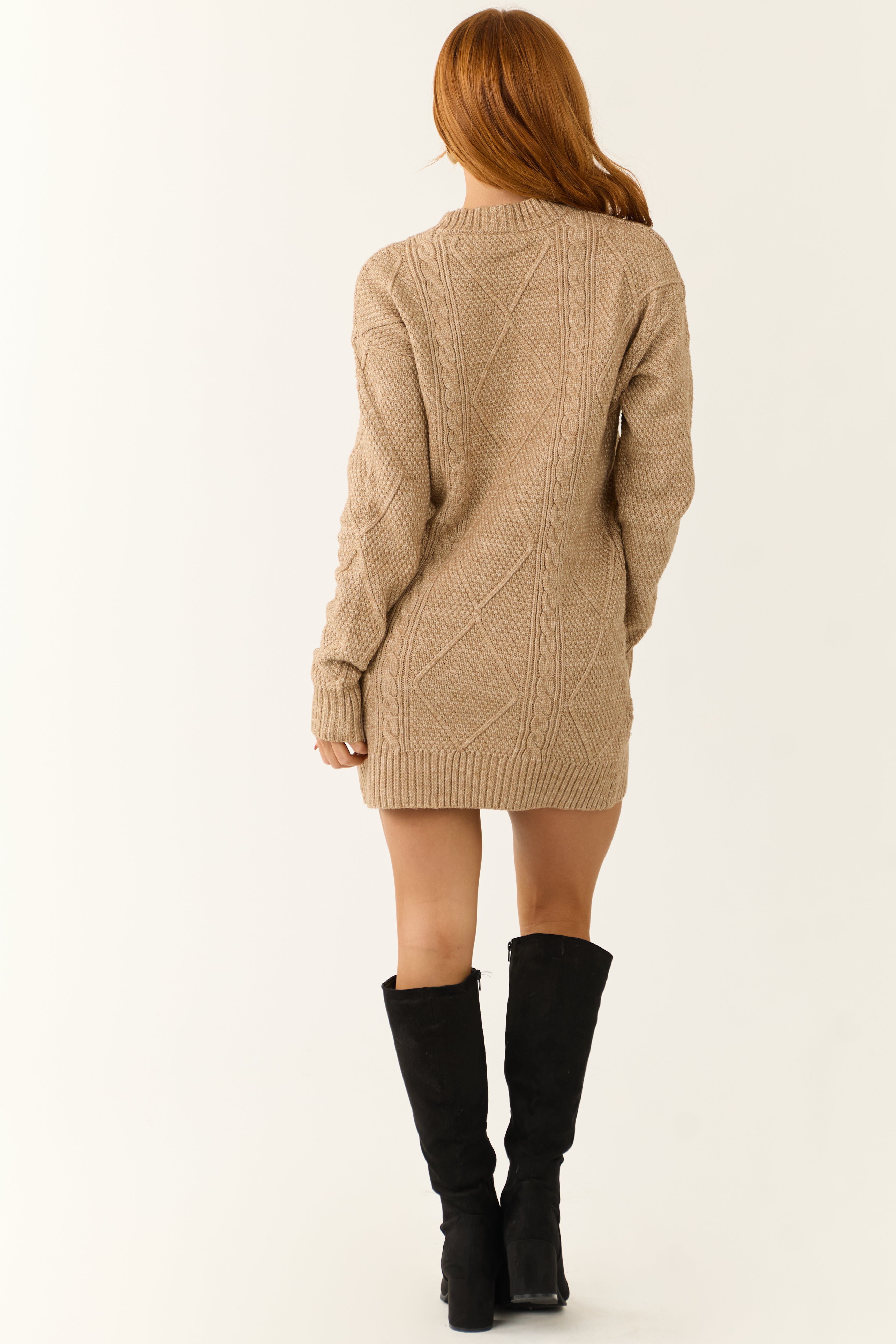 Latte Cable Knit Loose Fit Short Sweater Dress