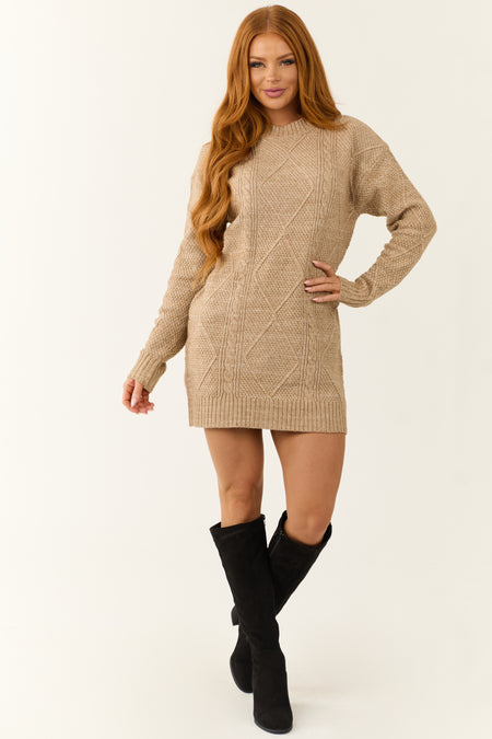 Latte Cable Knit Loose Fit Short Sweater Dress