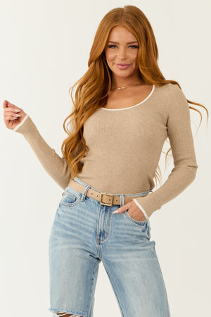 Latte Contrast Trim Scoop Neck Long Sleeve Top