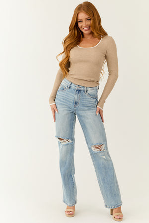 Latte Contrast Trim Scoop Neck Long Sleeve Top