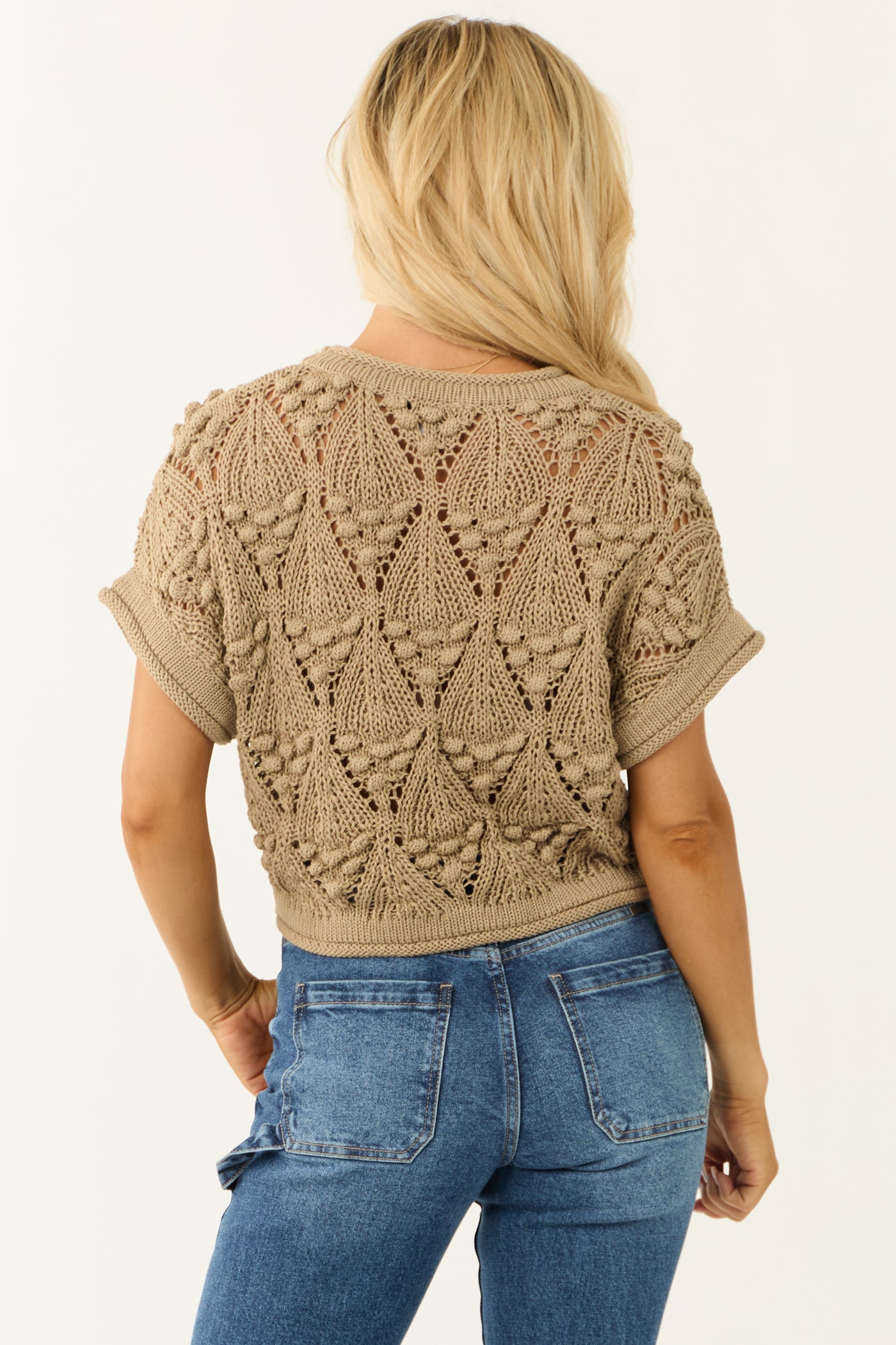 Latte Crochet Knit Short Sleeve Sweater Top