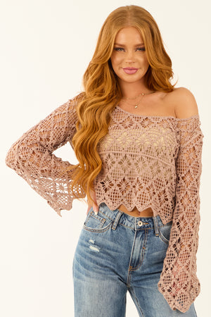 Latte Crochet Lace Long Sleeve Boat Neck Top