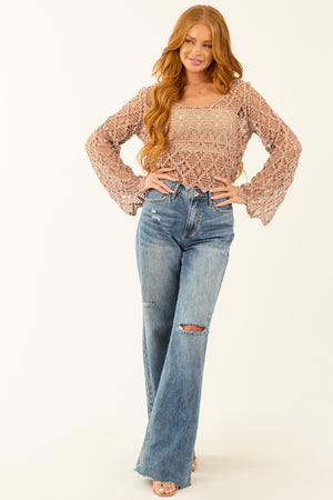 Latte Crochet Lace Long Sleeve Boat Neck Top